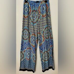 Melissa Paige-Elastic Waist Bohemian Blue Patterned Women's Pants With Side-Slit